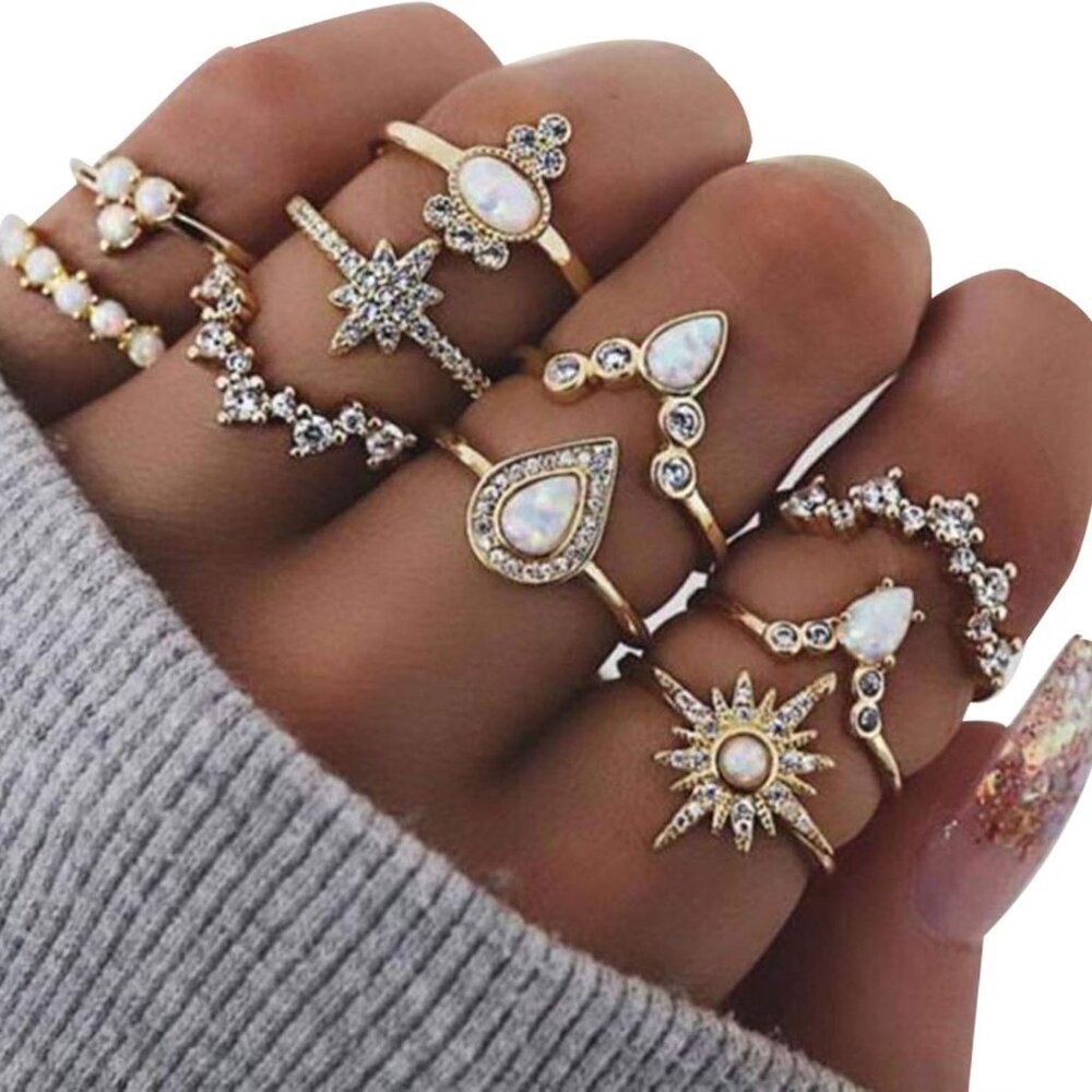 9-15PCS Knuckle Stacking Rings Set for Women Crystal Rhinestone Finger Statement - Picture 2 of 7